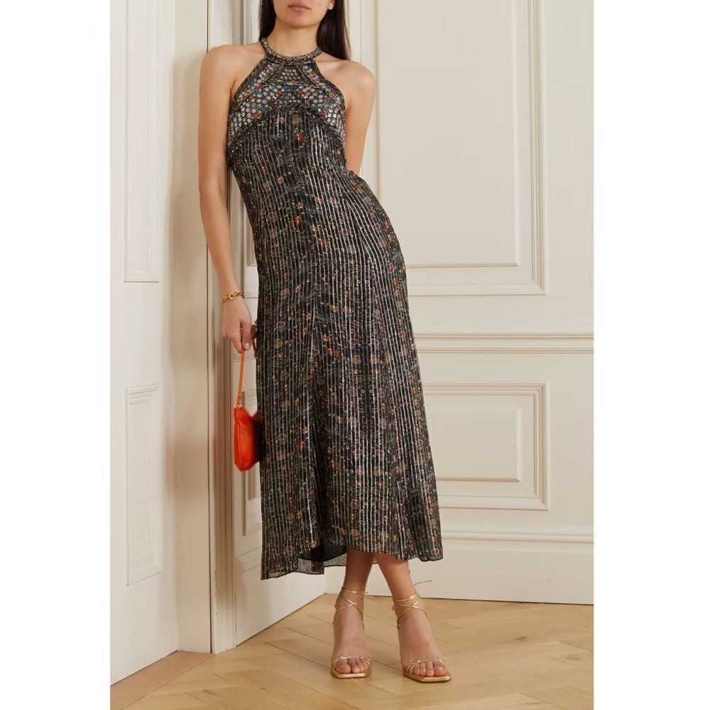 ISABEL MARANT Ophelie Embellished Metallic Printed Silk-blend Chiffon Midi Dress - Picture 2 of 16